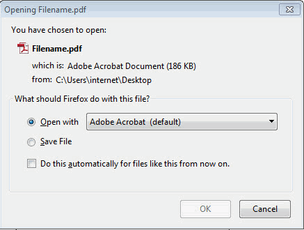 'Opening Filename PDF' dialog box with 'Open with Adobe Acrobat' selected