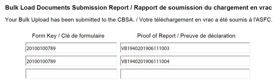 Échantillon du rapport de soumission du chargement en vrac