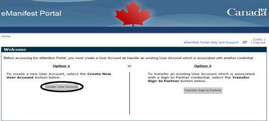 Figure 2-3 eManifest Portal (Create User Account) page