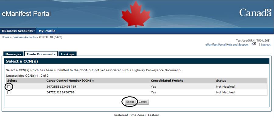 Figure 6-14 Trade Documents tab - Select a CCN(s)