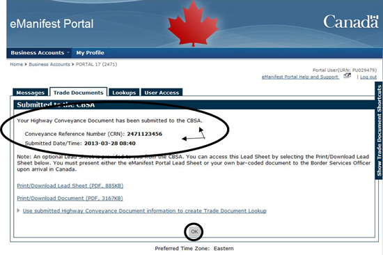 Figure 6-16 Trade Documents tab - Highway Conveyance Document (Submit to the CBSA)