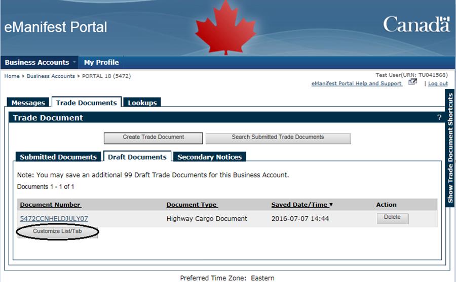 Figure 6-20 Trade Documents tab - Draft Document - Customized List/Tab