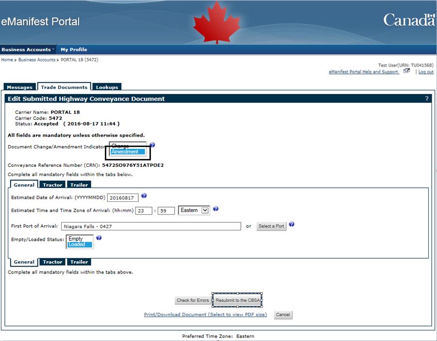 Figure 6-31 Trade Documents tab - Edit Submitted Highway Conveyance Document