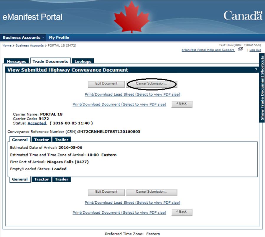 Figure 6-34 Trade Documents tab - Submitted Highway Conveyance Document (Cancel Submission)