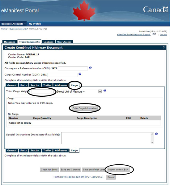 Figure 6.5 Trade Documents tab - Create Combined Highway Document (Cargo tab)