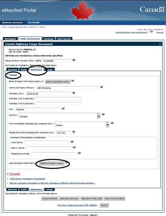 Figure 7-4 Trade Documents tab - Addresses tab (Shipper section, Create a Shipper Lookup)