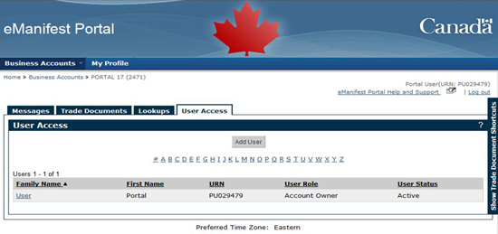 Figure 9-9 User Access tab - User Access (Account User Removed)