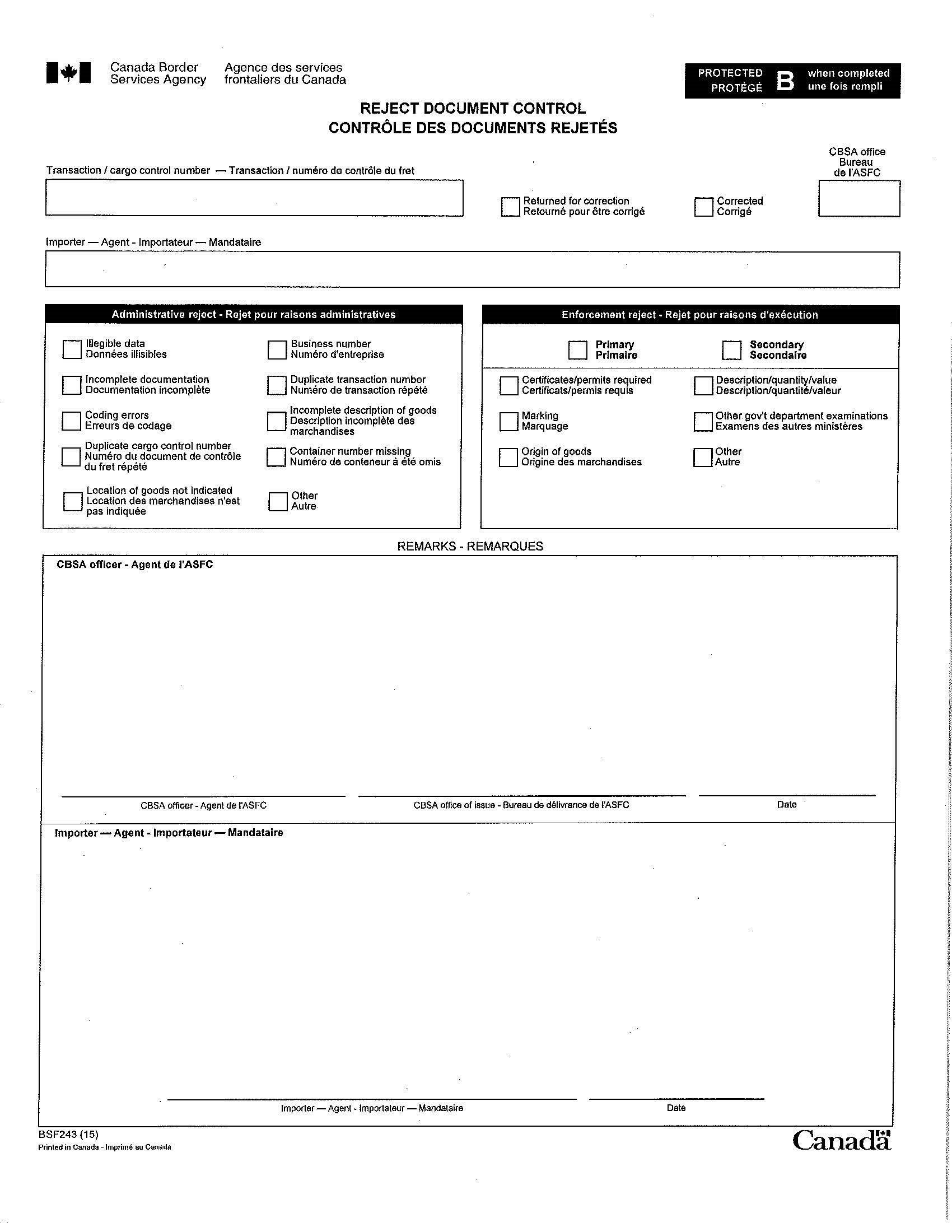 Formulaire BSF243 (Y50), Contrôle des documents rejetés, page 1 de 1