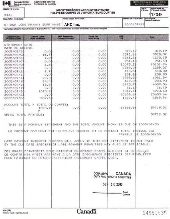 FORM K84, IMPORTER/BROKER ACCOUNT STATEMENT SAMPLE OF MONTHLY ACCOUNT STATEMENT 