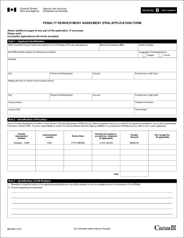 Sample of Form BSF266, Penalty Reinvestment Agreement (PRA) Application Form - Page 1