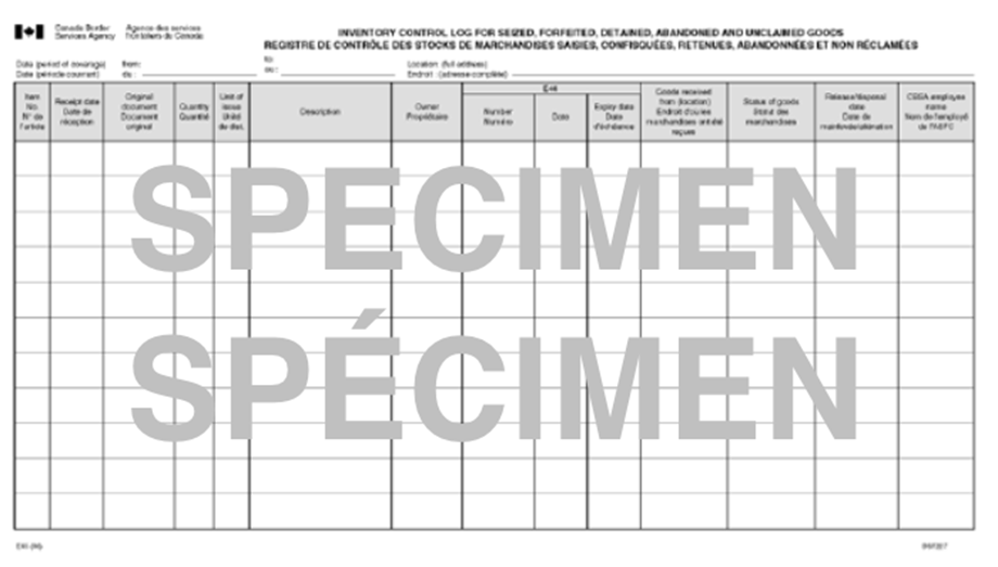 Formulaire E45, Registre de contrôle des stocks de marchandises saisies, confisquées, retenues, abandonnées et non réclamées