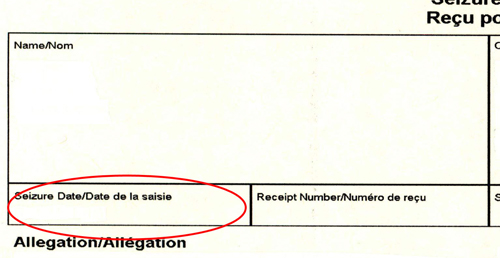 The following image illustrates a portion of the Seizure Receipt form where the Date of Action can be found in the top left corner of the document.