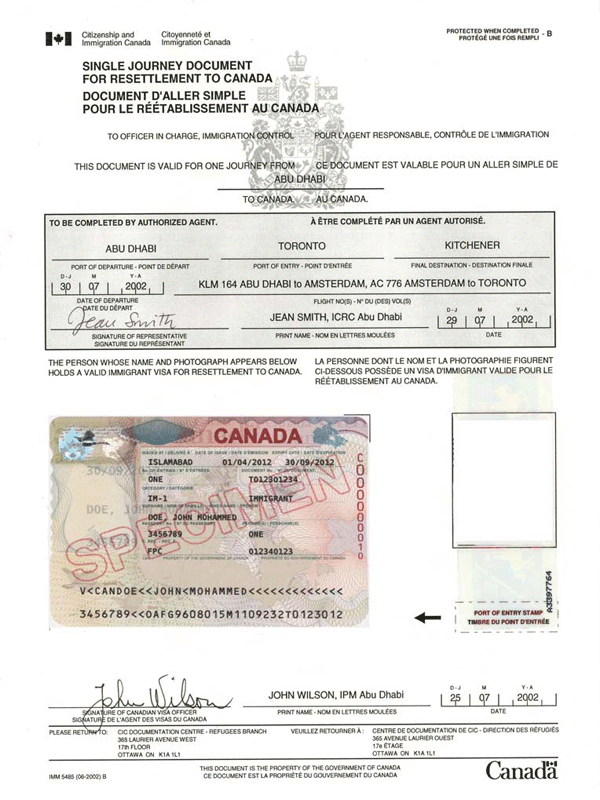single journey document canada