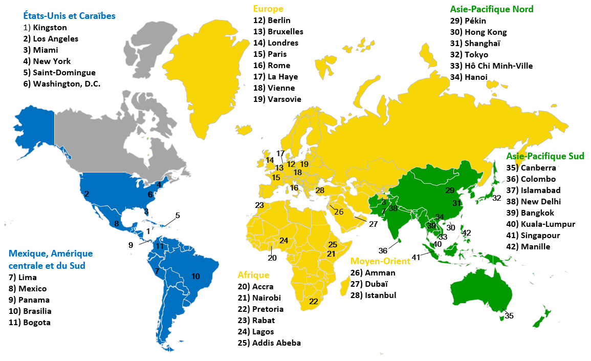 Carte globale des emplacements du réseau international